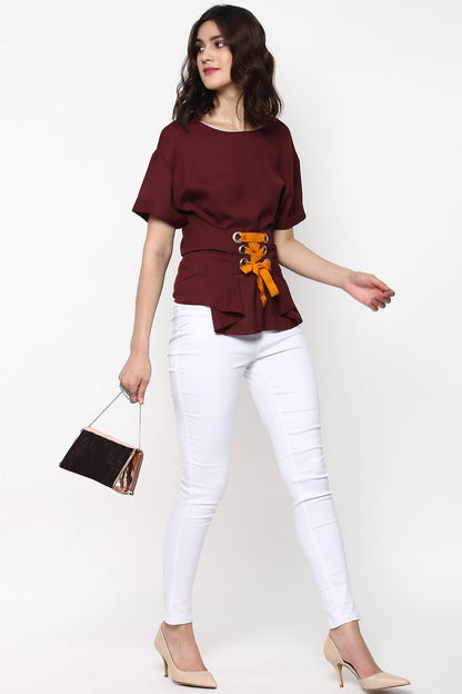 Women's Maroon Lace-Up Waist Top