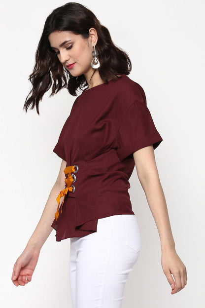 Women's Maroon Lace-Up Waist Top