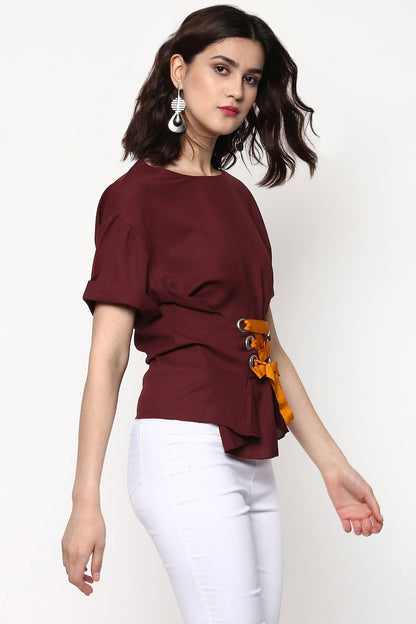 Women's Maroon Lace-Up Waist Top
