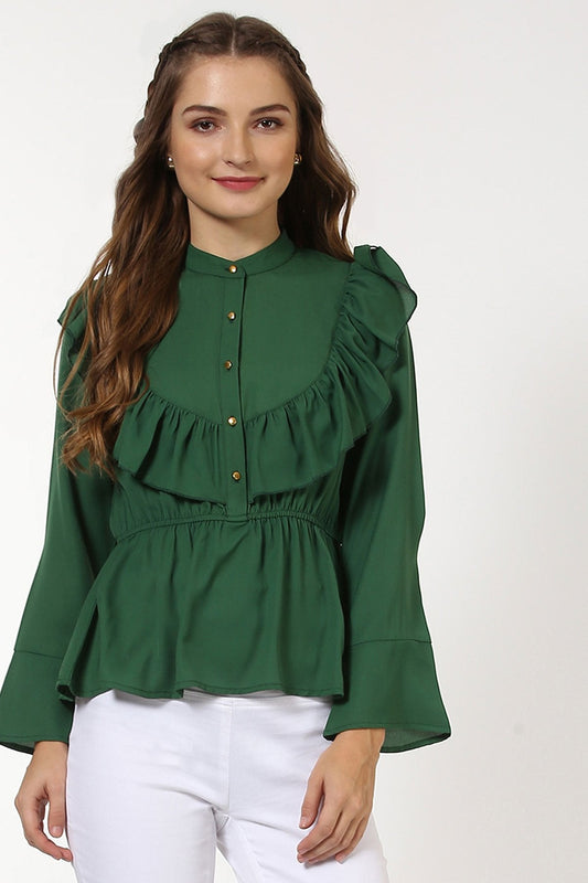 Women's Green Ruffle Yoke Top