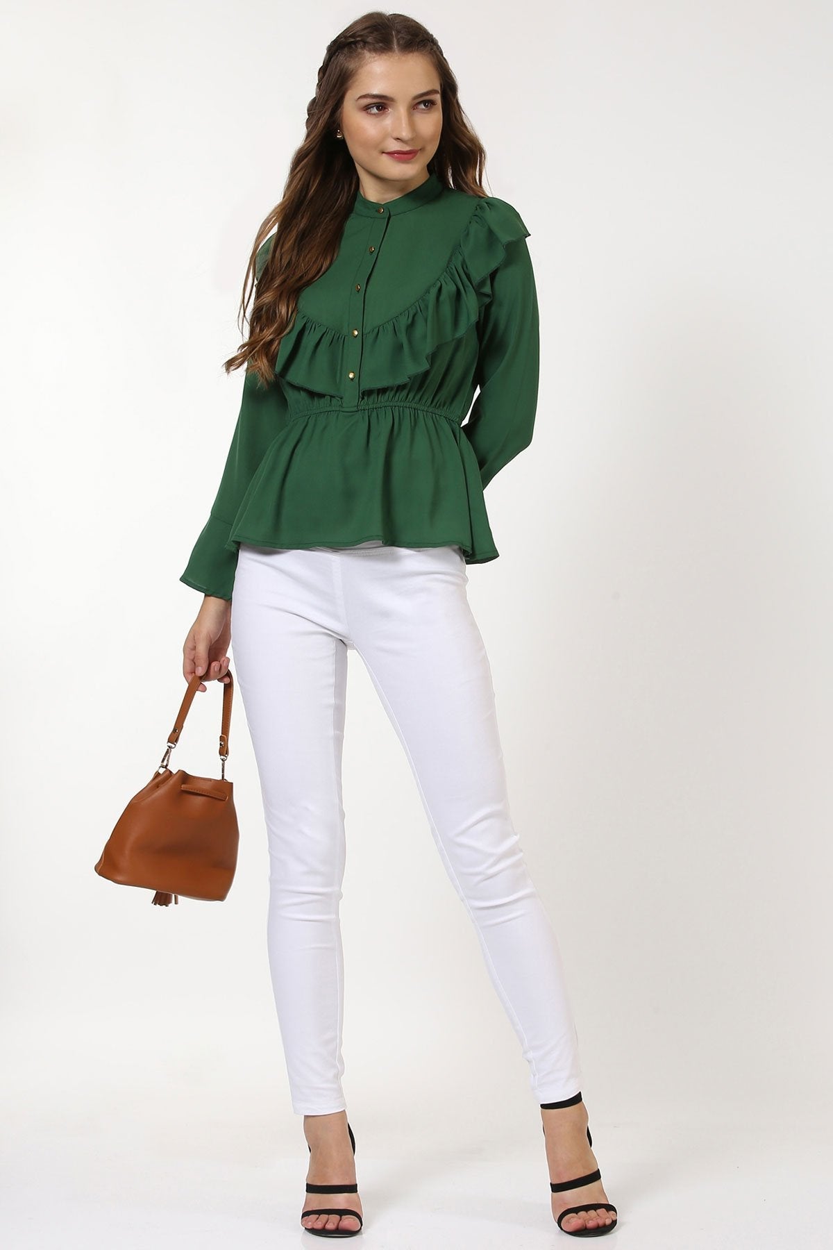 Women's Green Ruffle Yoke Top