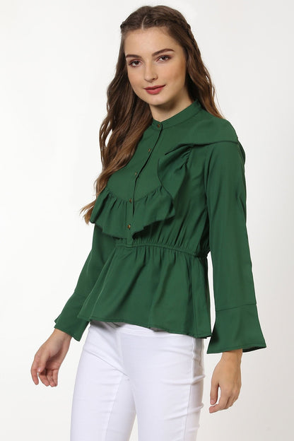 Women's Green Ruffle Yoke Top