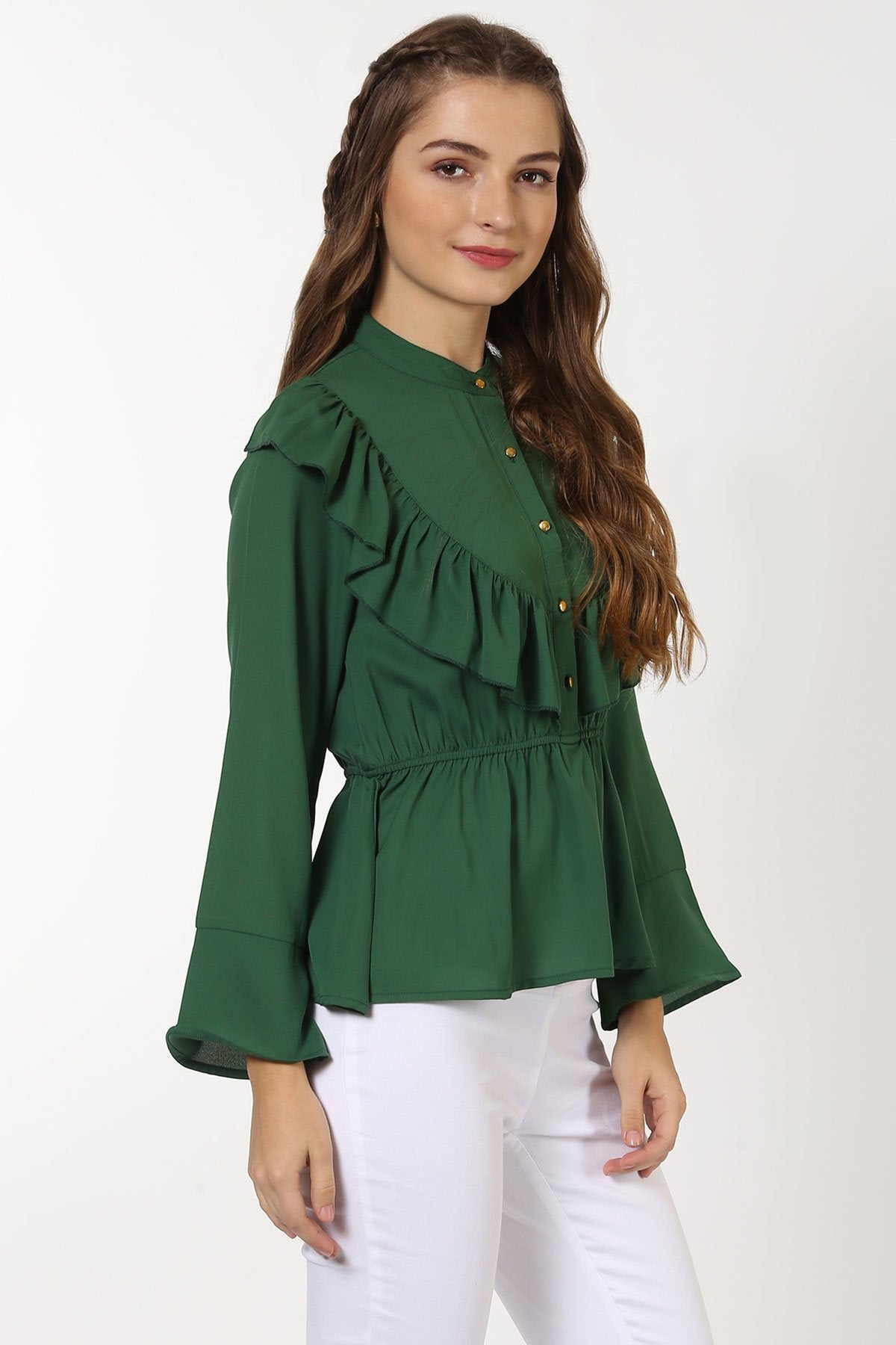 Women's Green Ruffle Yoke Top