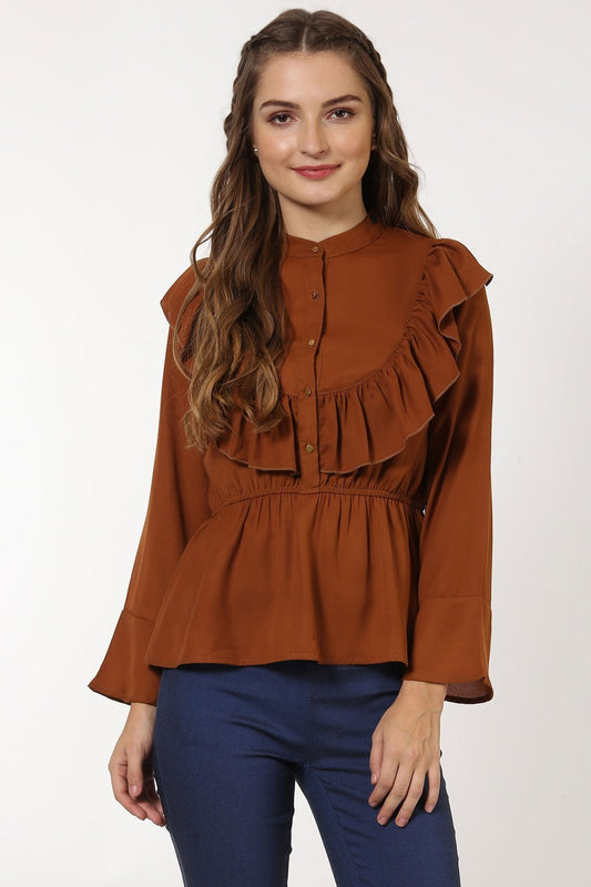Women's Brown Ruffle Yoke Top