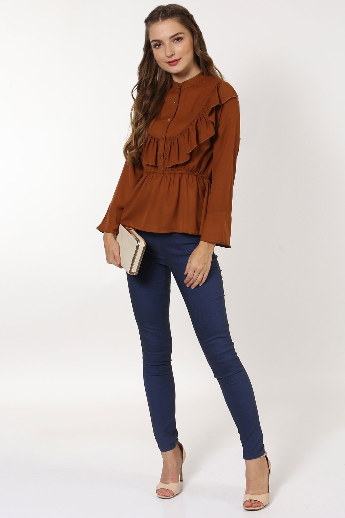 Women's Brown Ruffle Yoke Top