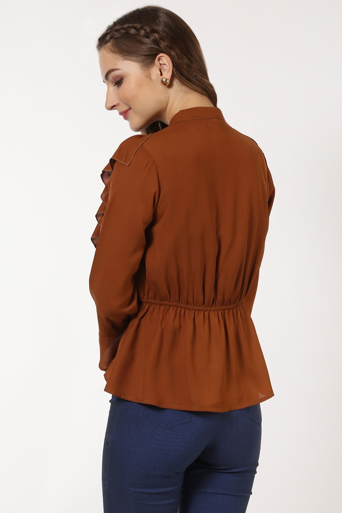 Women's Brown Ruffle Yoke Top