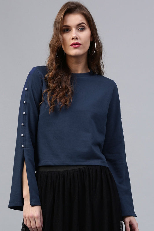 Women's Pearl Sleeves Blue Terry Top