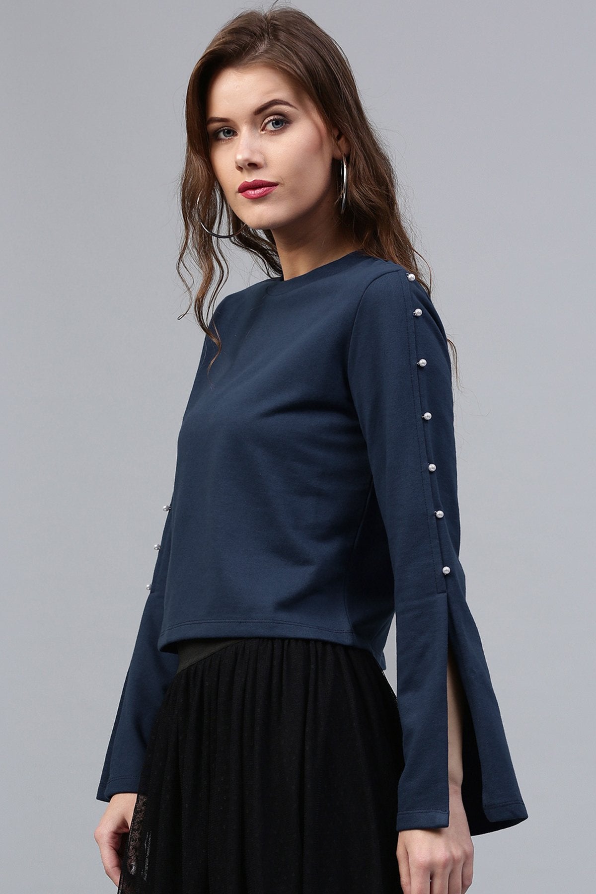 Women's Pearl Sleeves Blue Terry Top