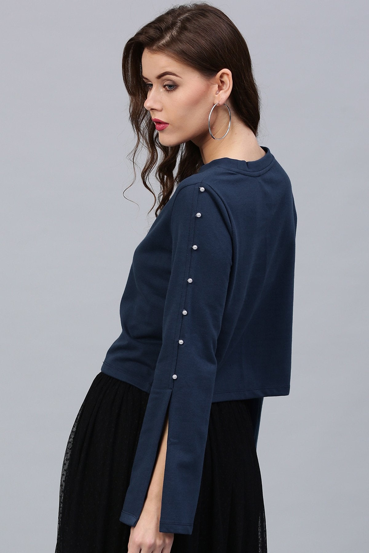 Women's Pearl Sleeves Blue Terry Top