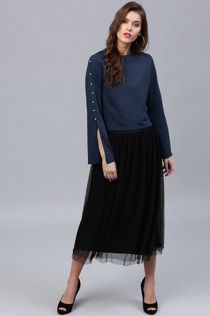 Women's Pearl Sleeves Blue Terry Top