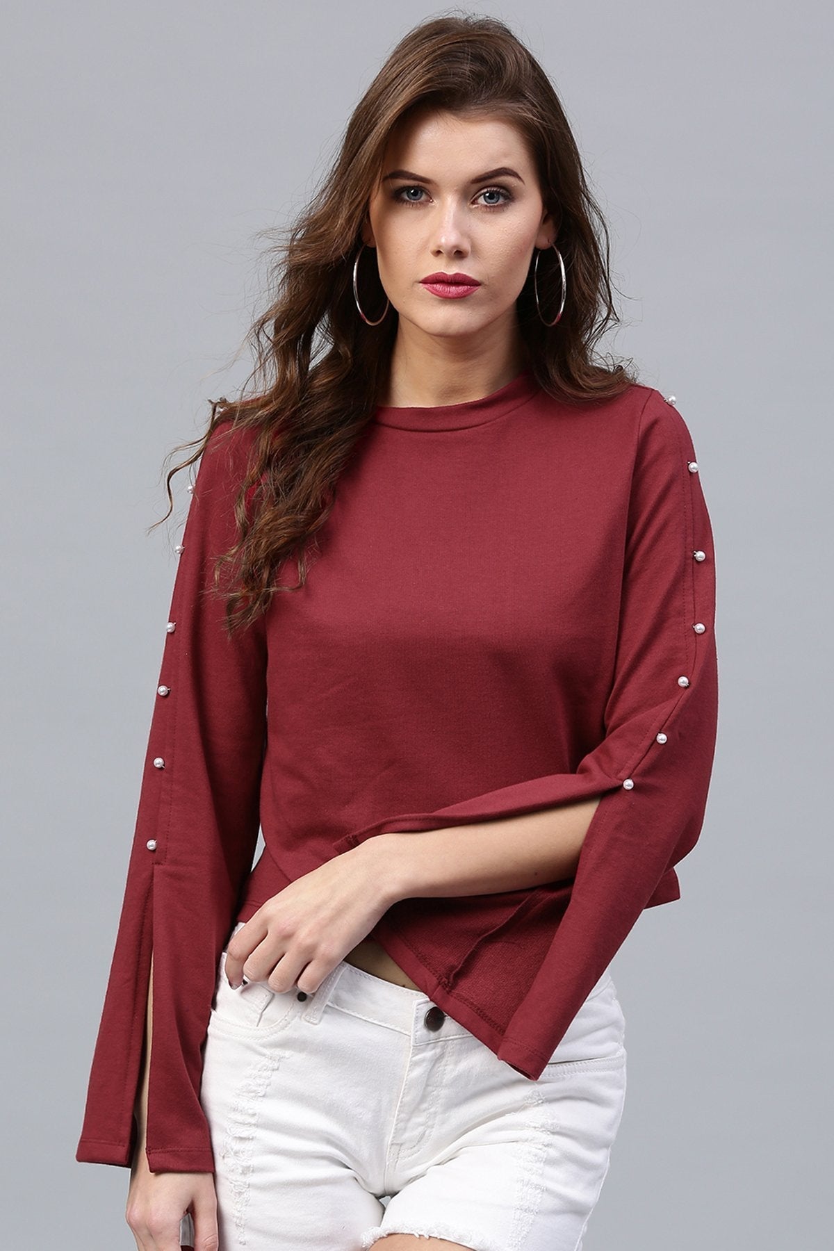 Women's Pearl Sleeves Maroon Terry Top