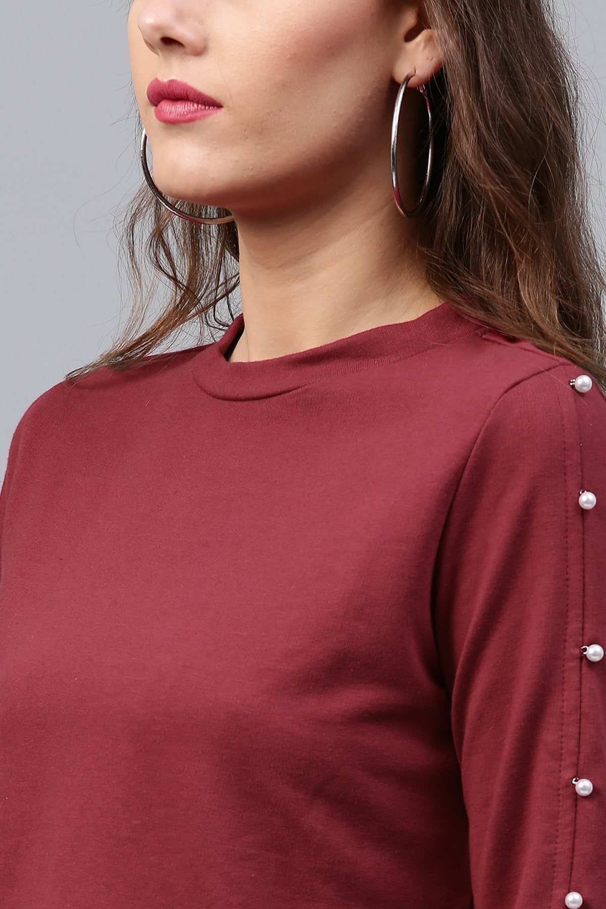 Women's Pearl Sleeves Maroon Terry Top