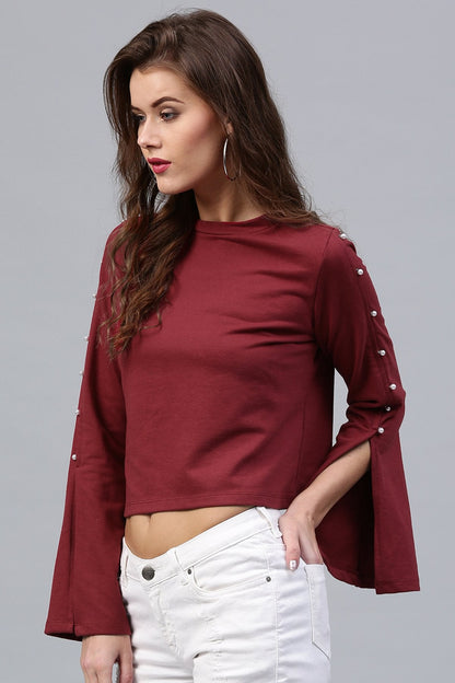 Women's Pearl Sleeves Maroon Terry Top