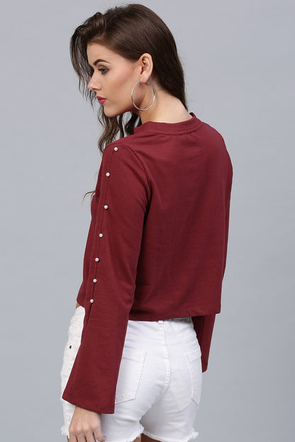 Women's Pearl Sleeves Maroon Terry Top
