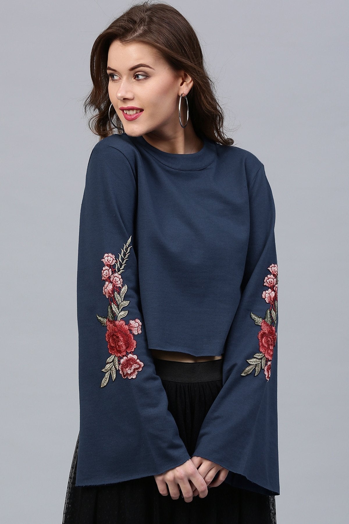 Women's Blue Bell Sleeves Patch Top