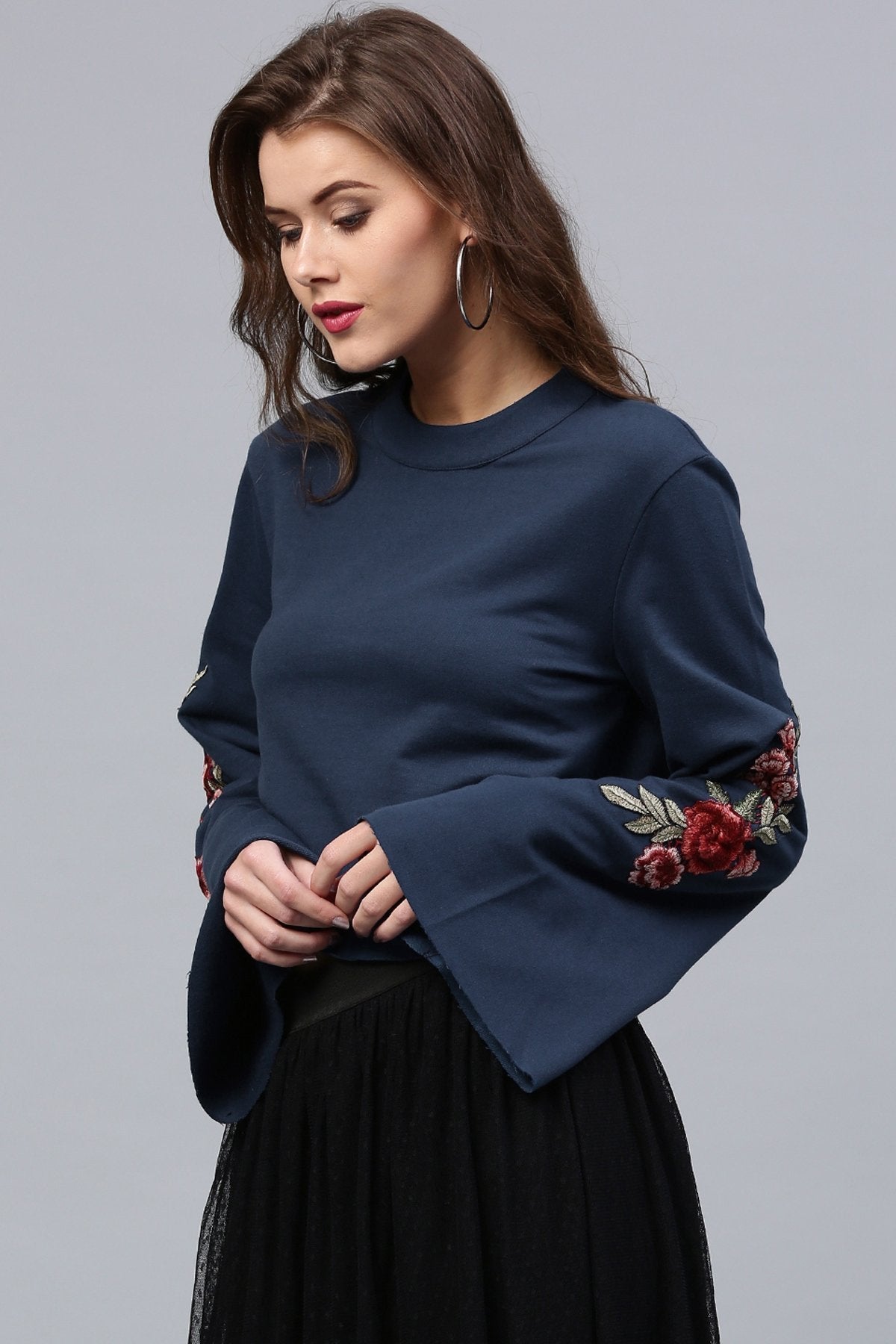 Women's Blue Bell Sleeves Patch Top