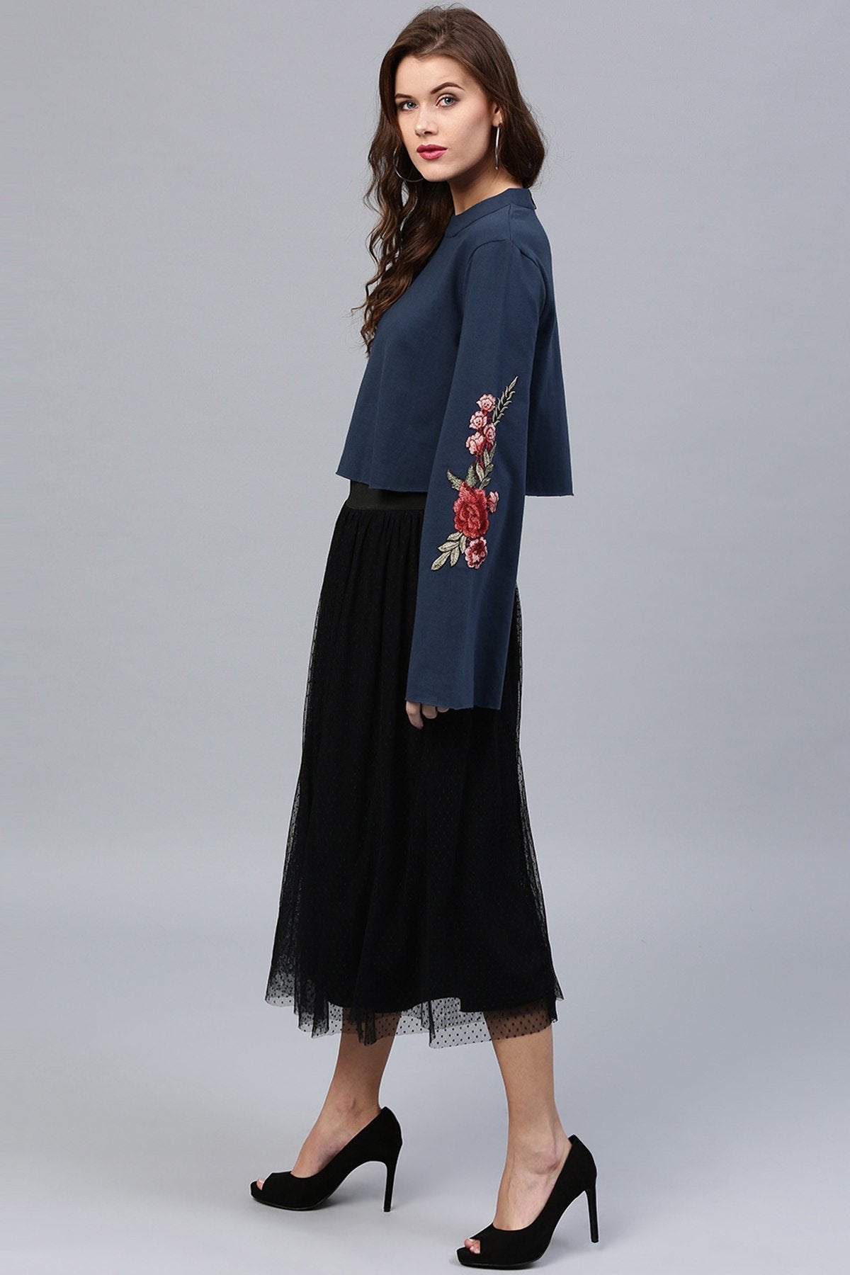 Women's Blue Bell Sleeves Patch Top