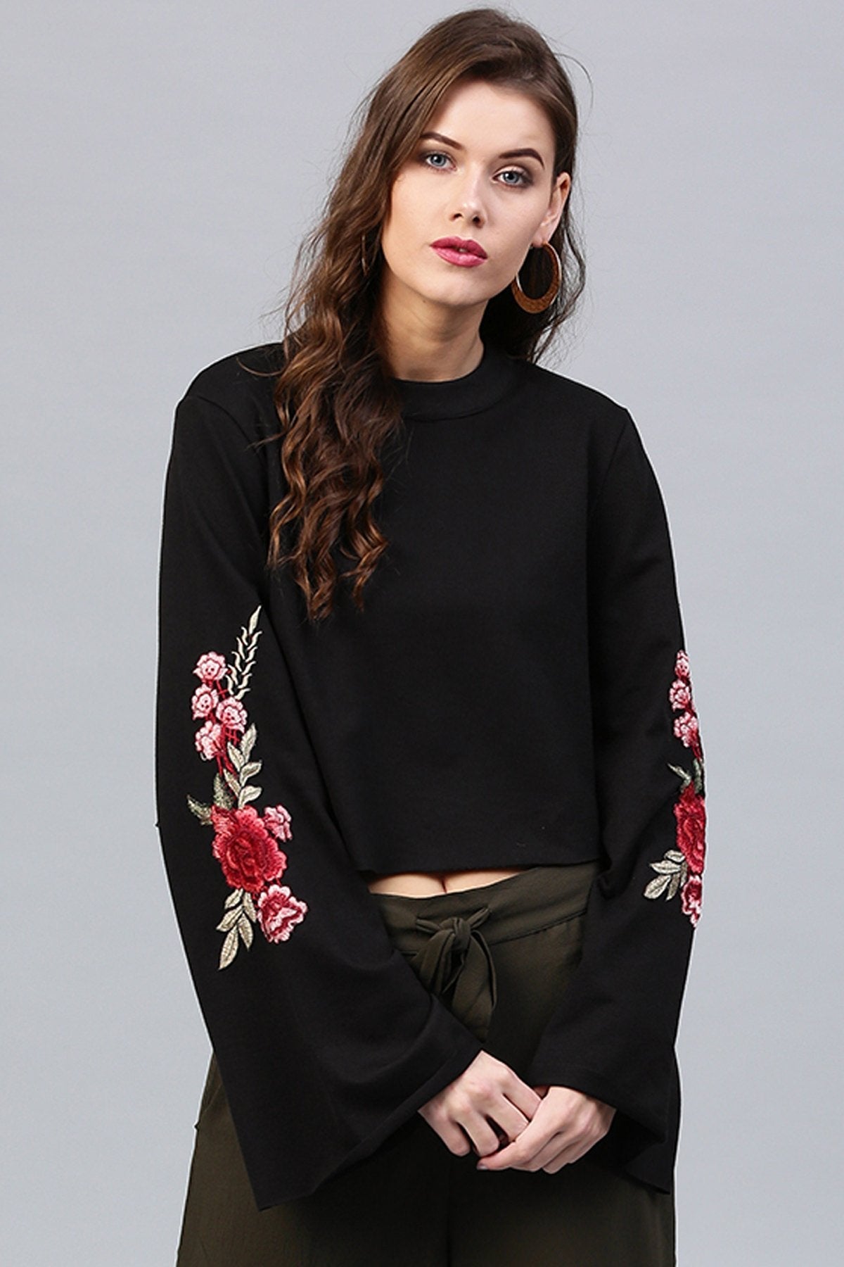 Women's Black Bell Sleeves Patch Top