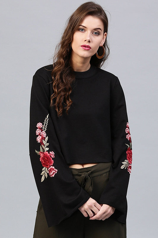 Women's Black Bell Sleeves Patch Top