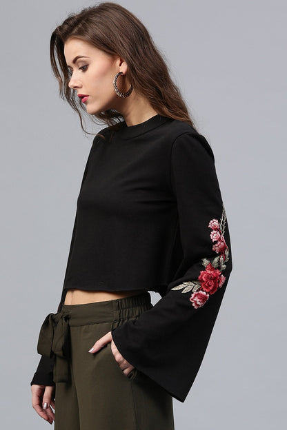Women's Black Bell Sleeves Patch Top
