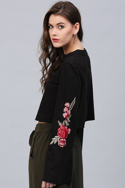 Women's Black Bell Sleeves Patch Top