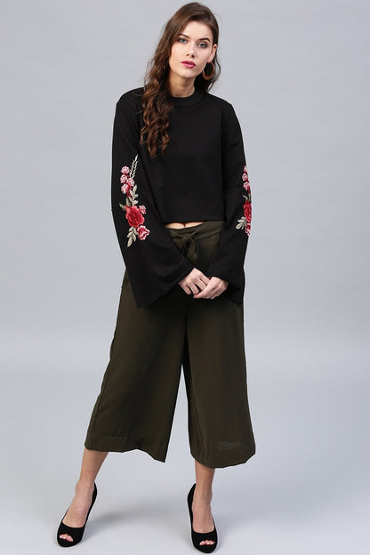 Women's Black Bell Sleeves Patch Top