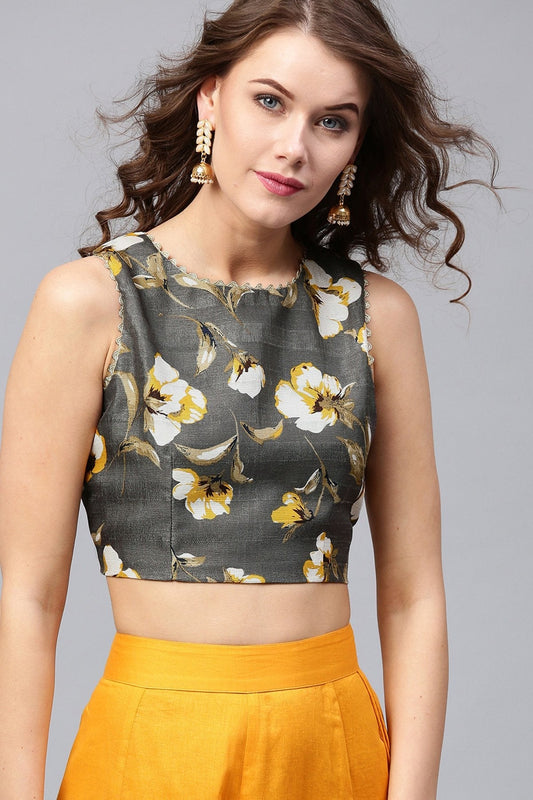 Women's Grey Floral Crop Top