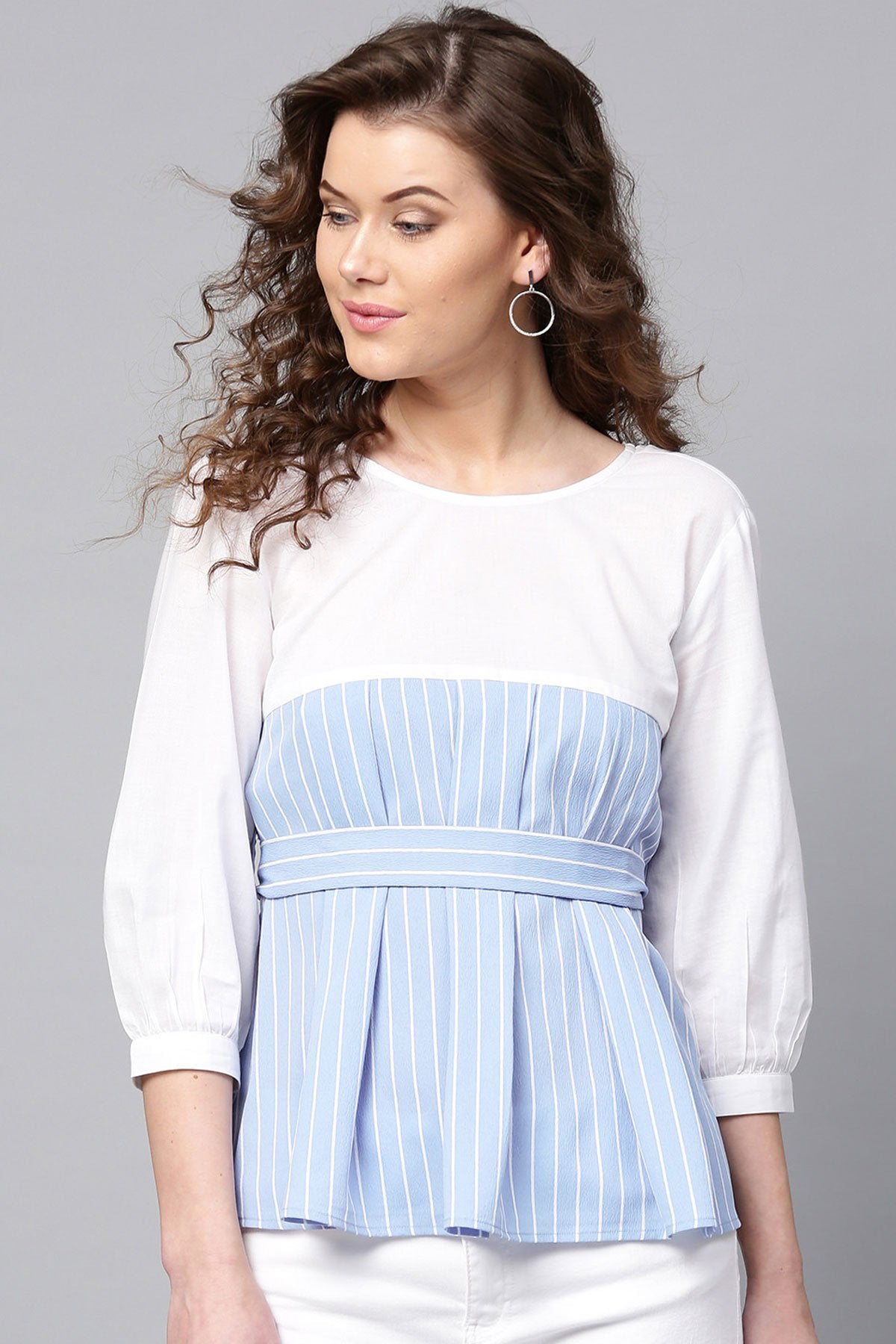 Women's Blue Stripes Pleated Peplum Top