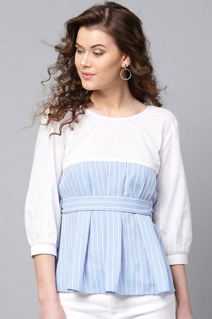 Women's Blue Stripes Pleated Peplum Top