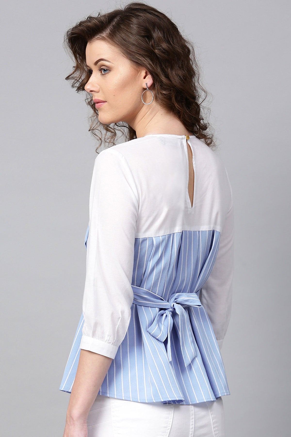 Women's Blue Stripes Pleated Peplum Top