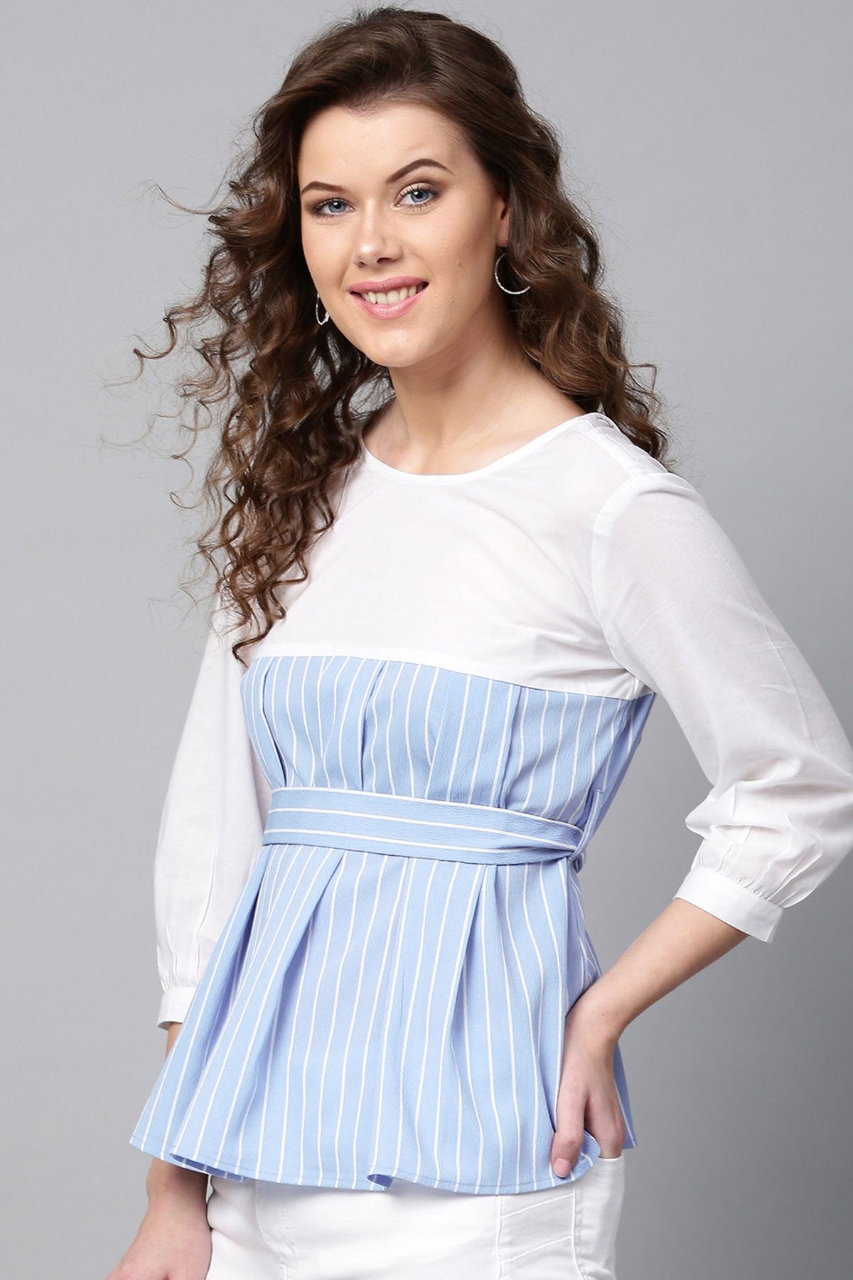 Women's Blue Stripes Pleated Peplum Top