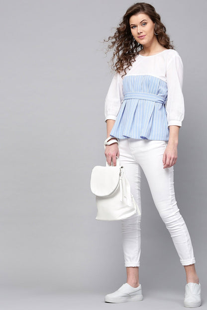Women's Blue Stripes Pleated Peplum Top