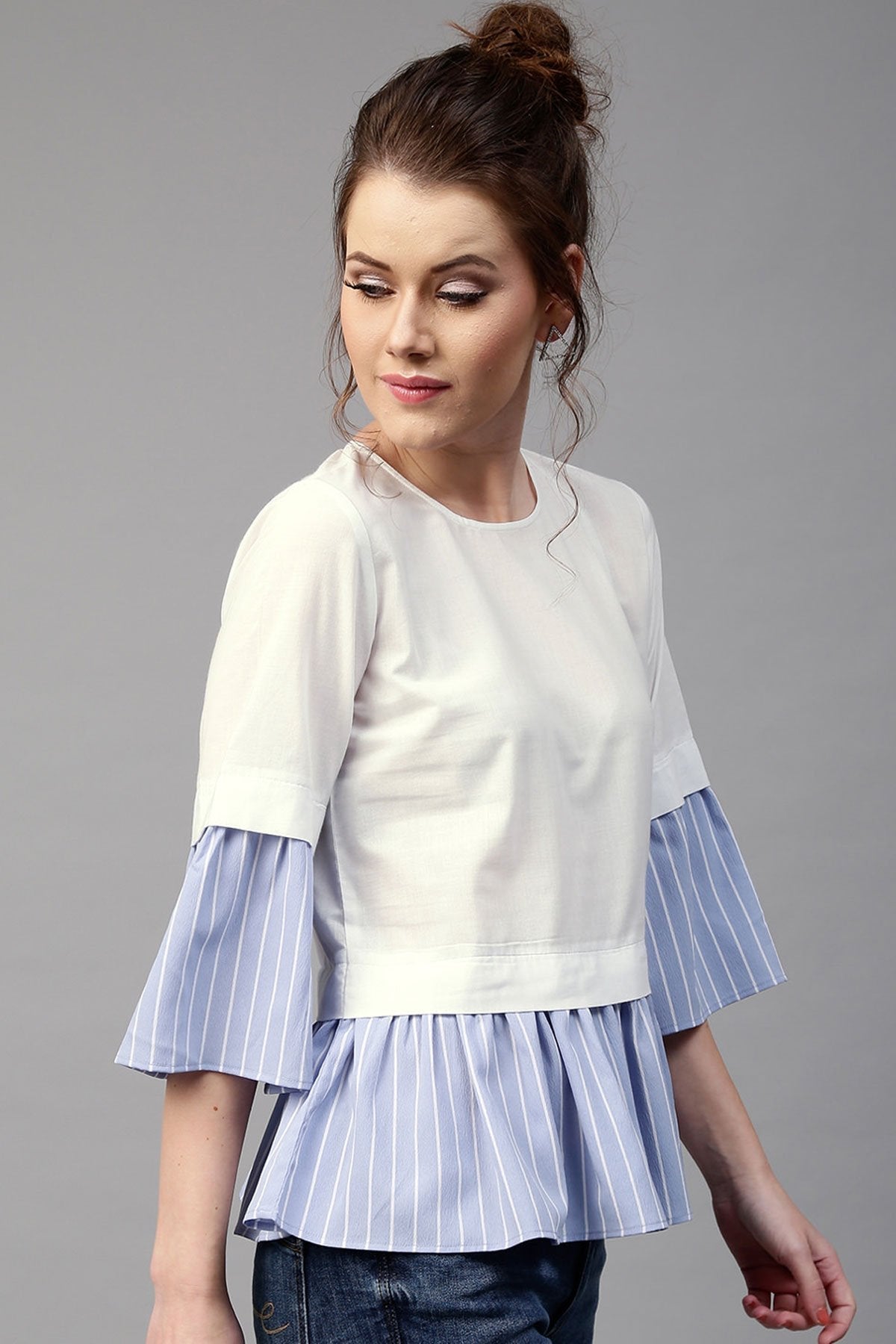 Women's Blue Stripes Frill Hem Top