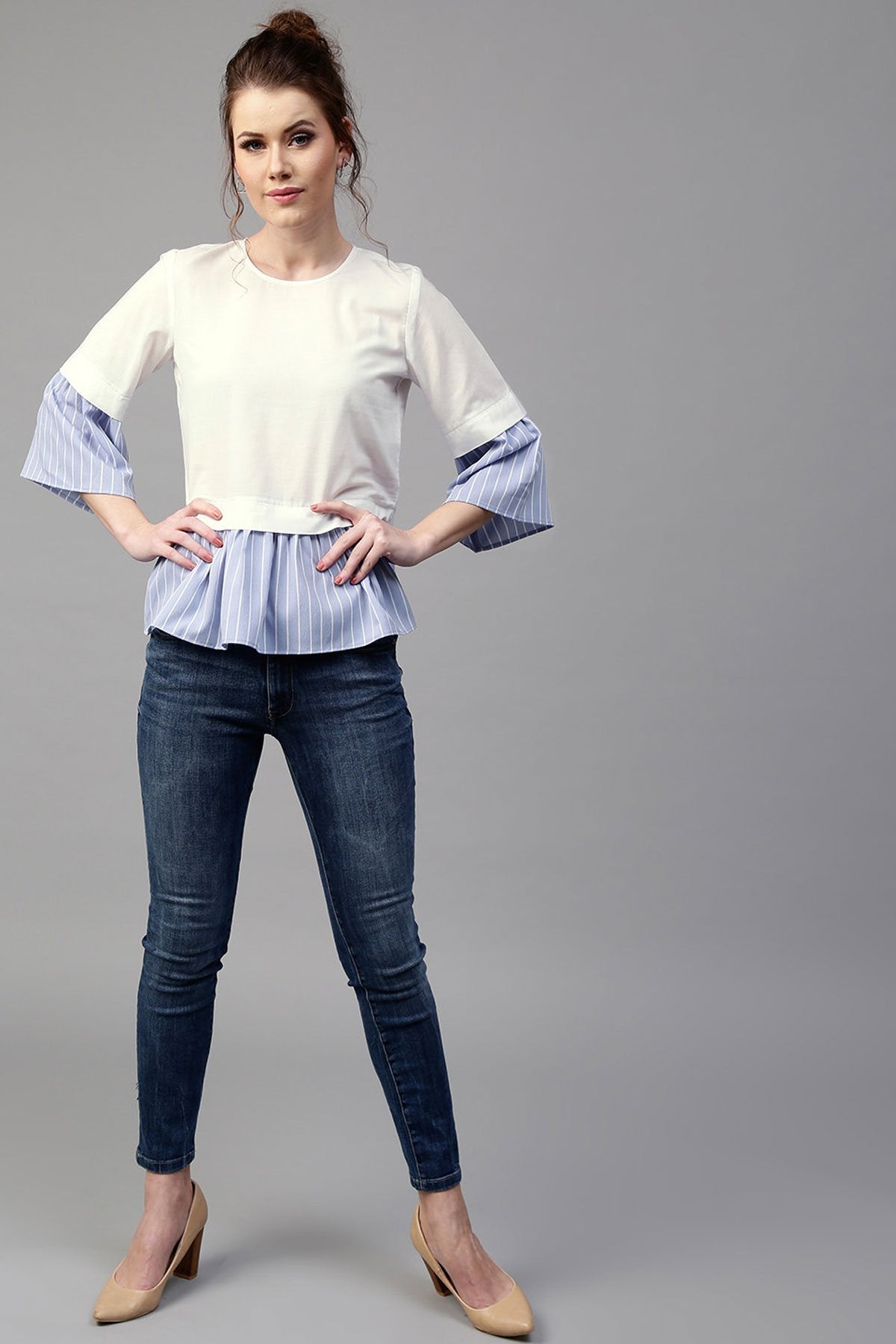Women's Blue Stripes Frill Hem Top