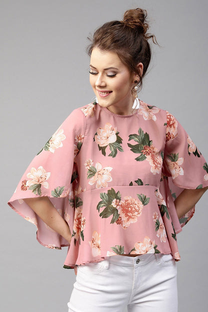 Women's Baked Pink Floral Flared Sleeve Top