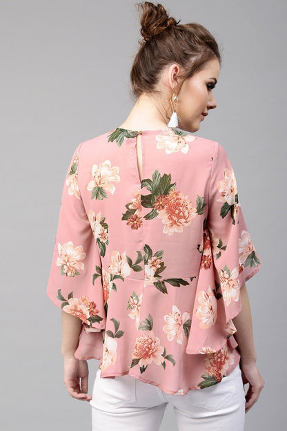 Women's Baked Pink Floral Flared Sleeve Top