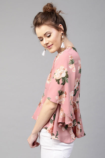 Women's Baked Pink Floral Flared Sleeve Top