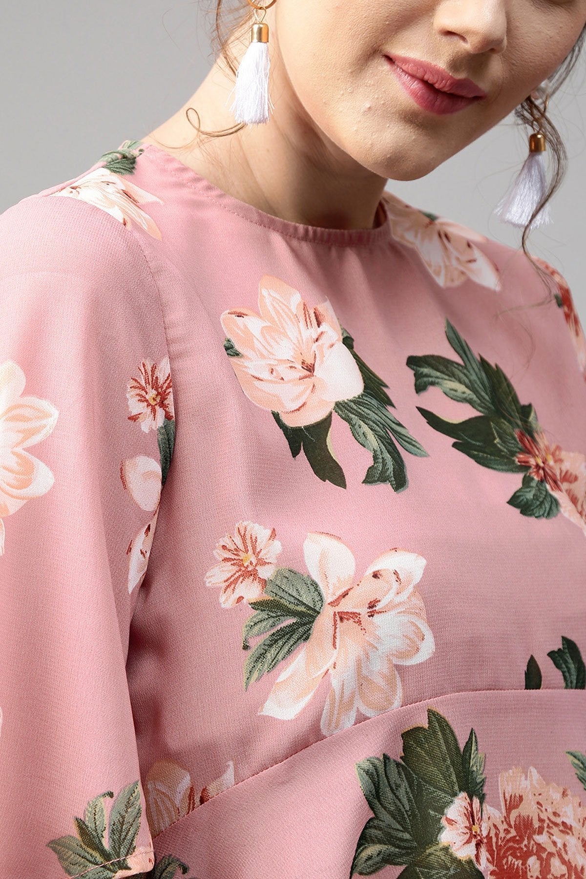 Women's Baked Pink Floral Flared Sleeve Top