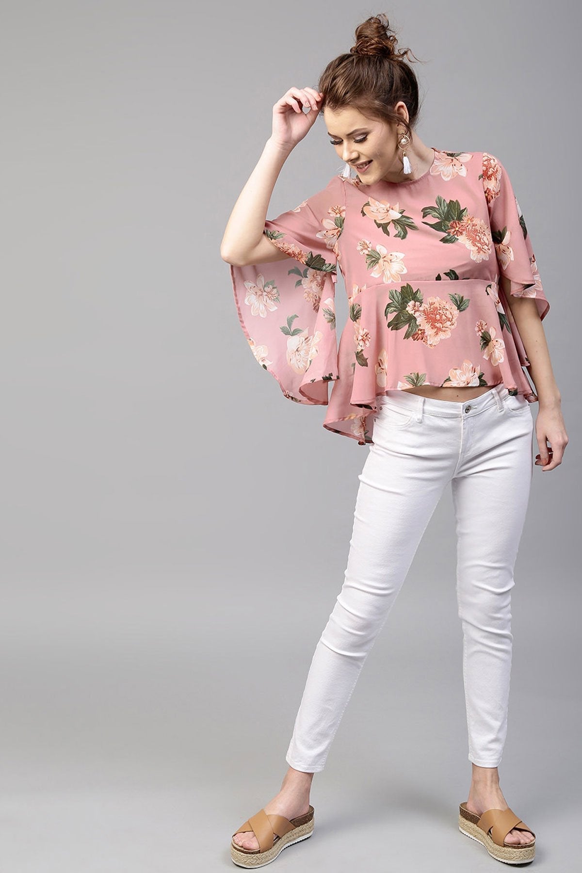 Women's Baked Pink Floral Flared Sleeve Top