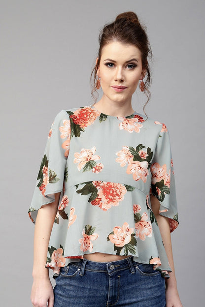Women's Blue Floral Flared Sleeve Top