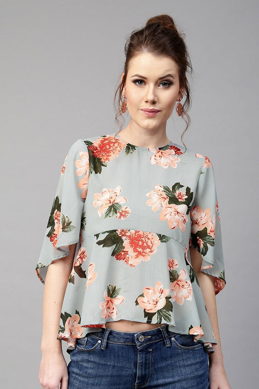 Women's Blue Floral Flared Sleeve Top