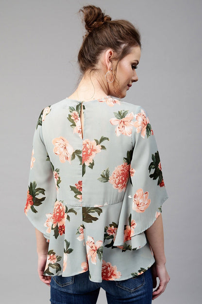 Women's Blue Floral Flared Sleeve Top