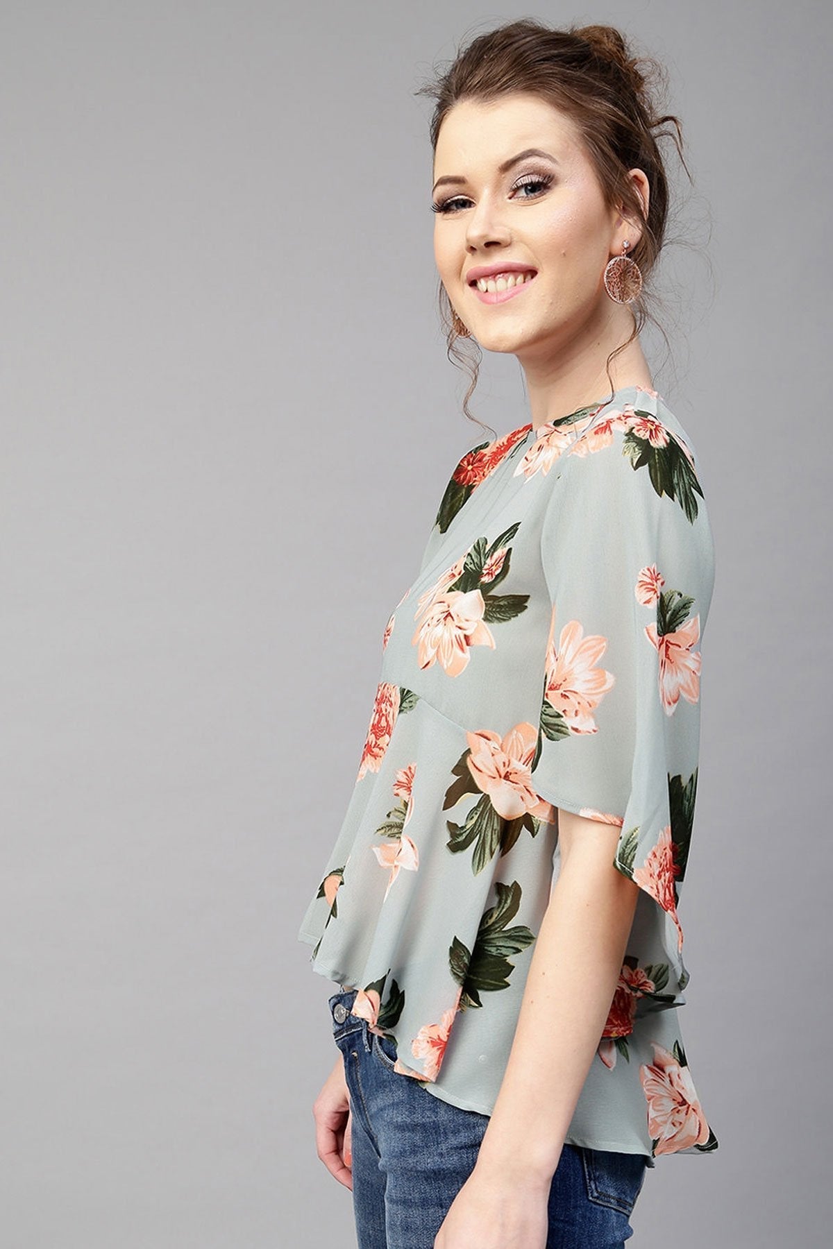 Women's Blue Floral Flared Sleeve Top