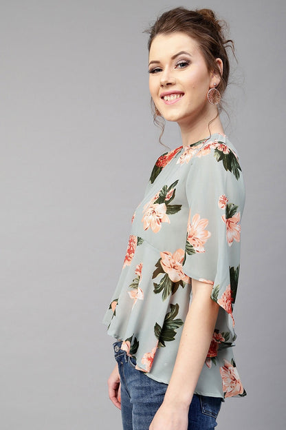 Women's Blue Floral Flared Sleeve Top