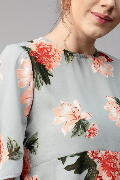 Women's Blue Floral Flared Sleeve Top