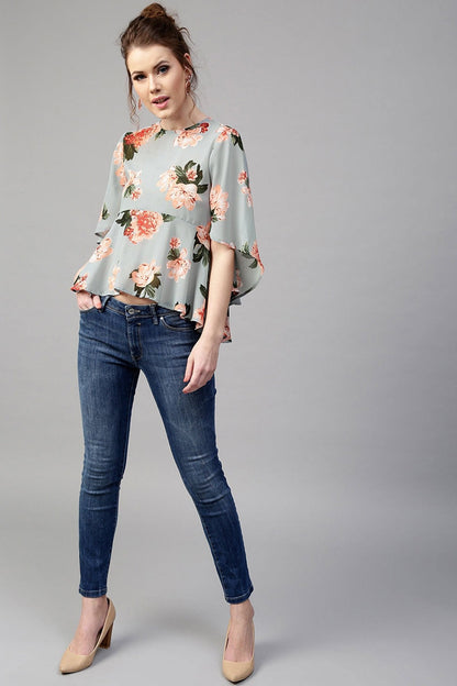Women's Blue Floral Flared Sleeve Top