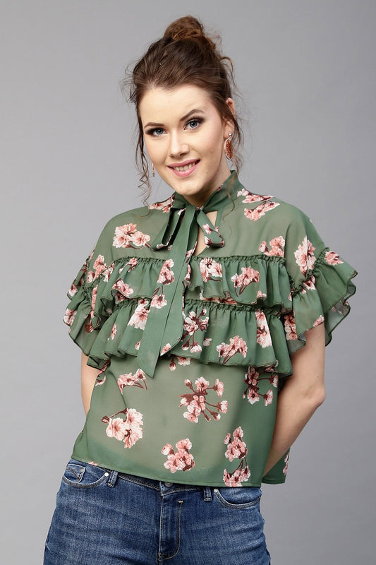 Women's Green Layered Frill Tie Neck Top