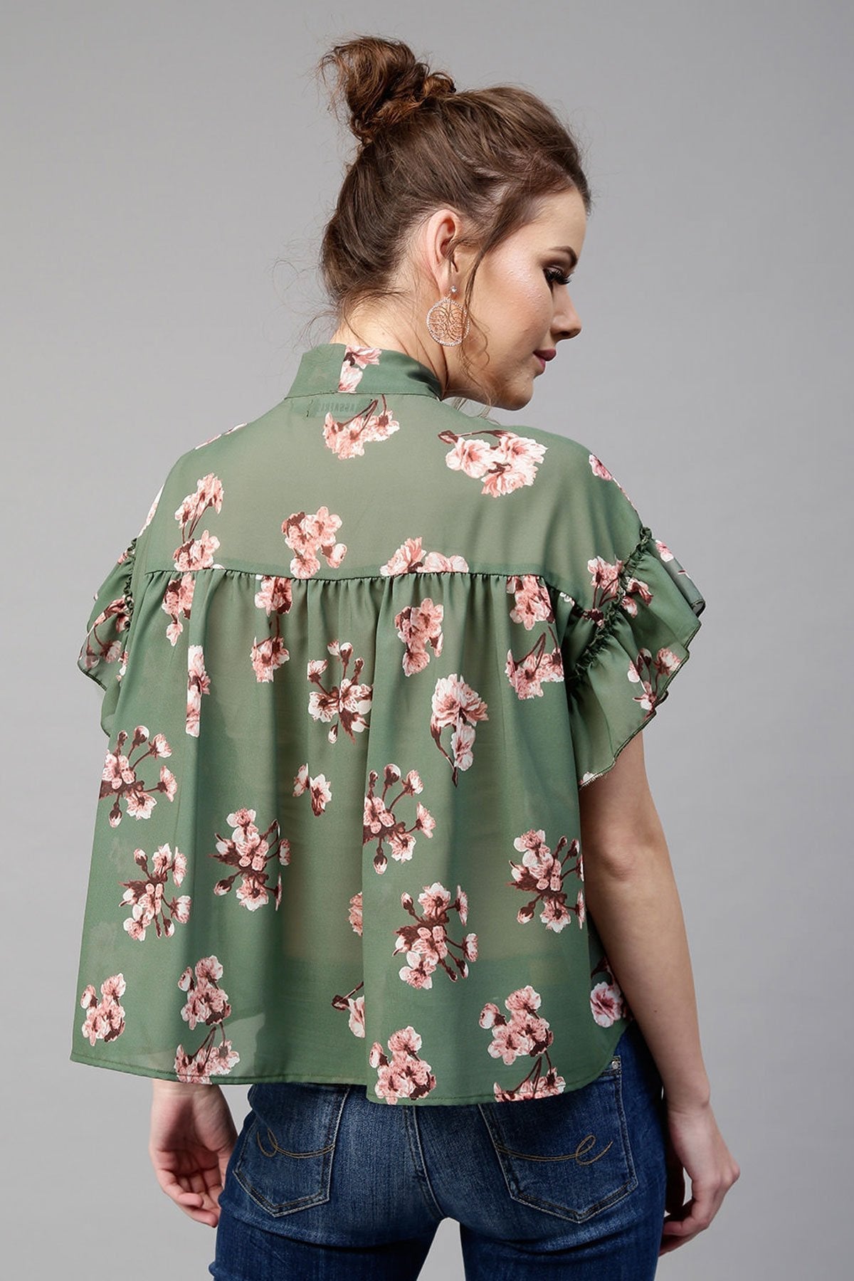 Women's Green Layered Frill Tie Neck Top