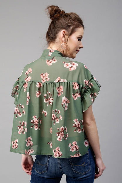 Women's Green Layered Frill Tie Neck Top