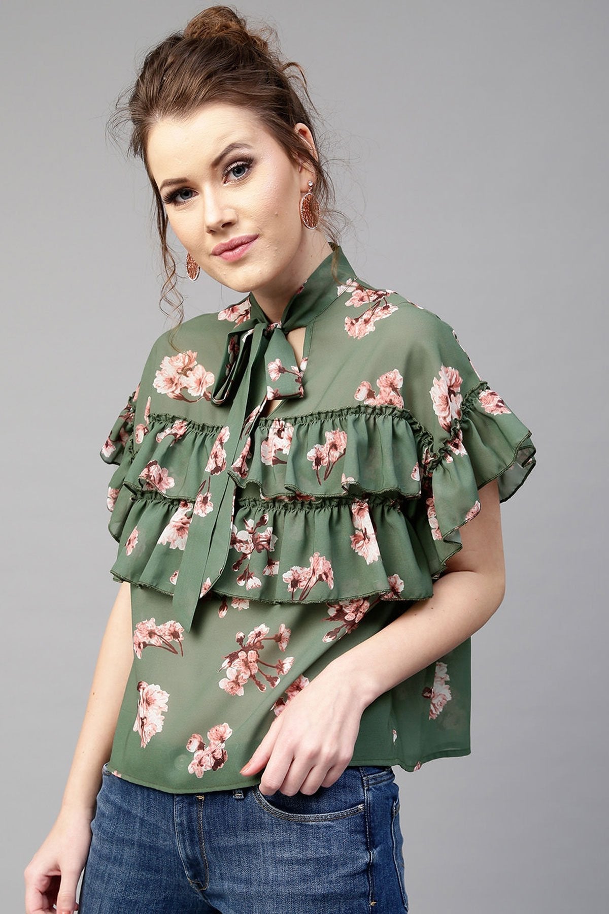 Women's Green Layered Frill Tie Neck Top
